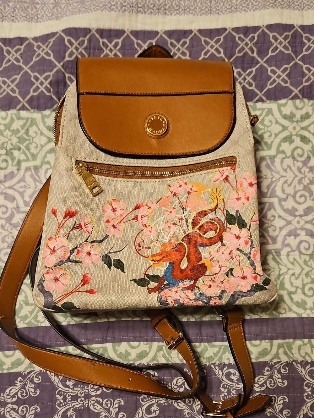 Steve Madden Floral Dragon Backpack with Tan Trim